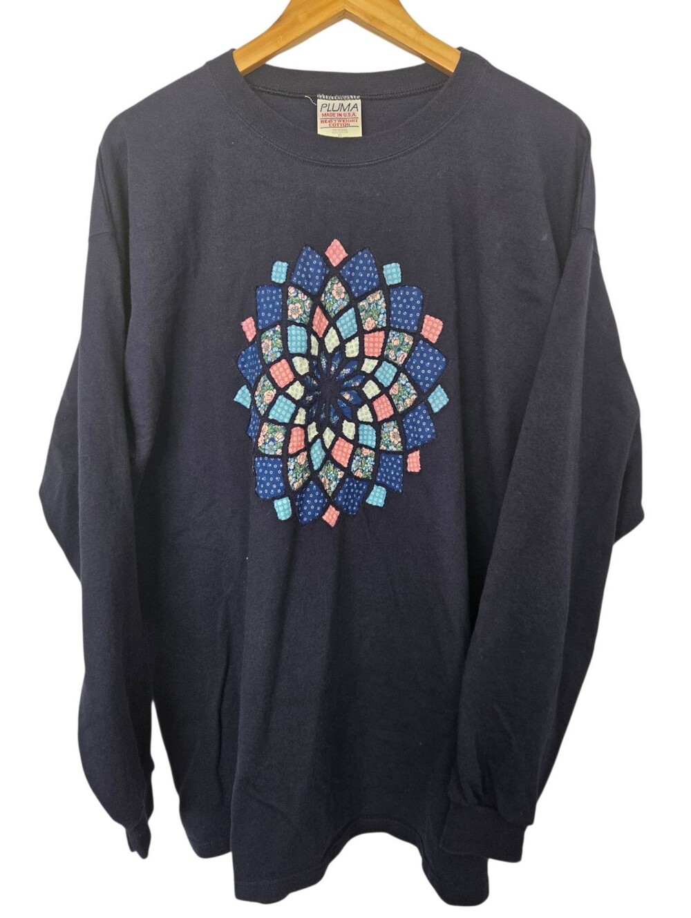 Vintage 90s Pluma USA Patchwork Quilt Appliqué Long Sleeve Tee XL